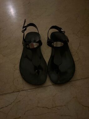 Michael Kors Black Jelly T-Strap Sandals with Logo Plate